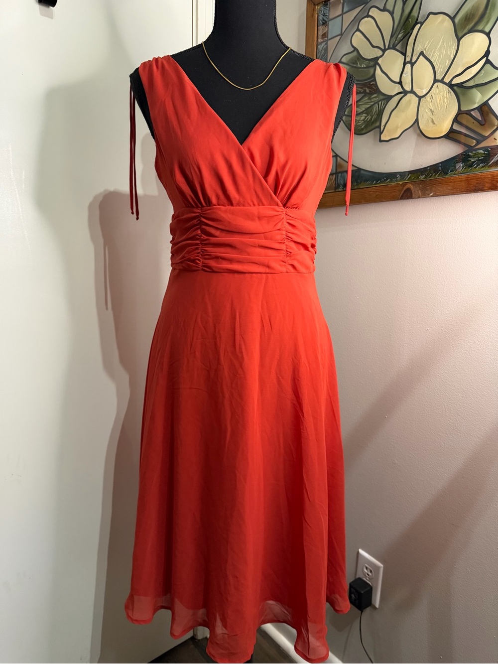 Burnt / rust orange V-Neck Ruched Waist Midi Dress Petite- Women